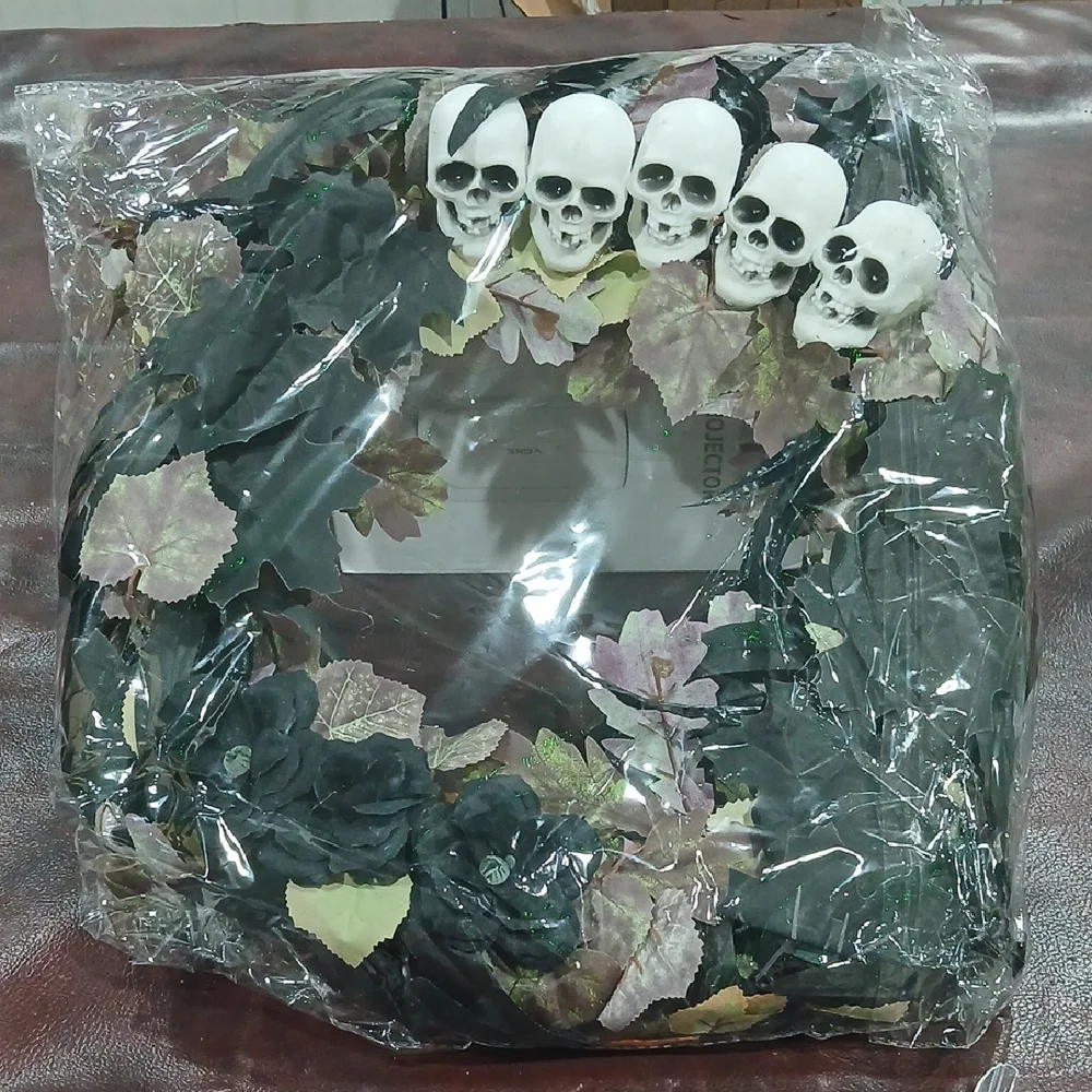 Black Halloween Skull Wreath with Green and White Accents